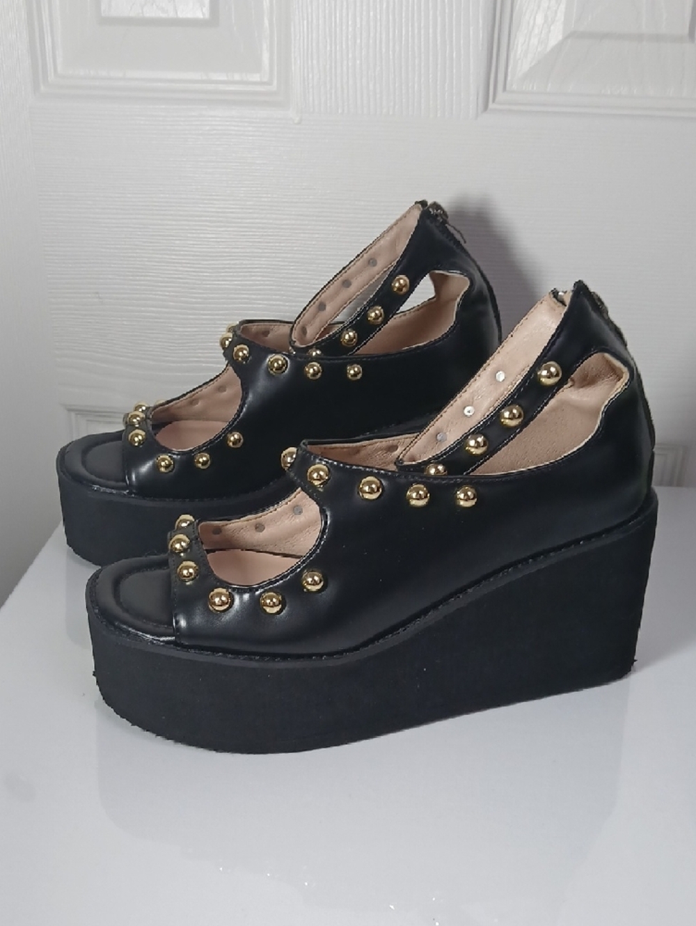 Black Studded Steampunk Goth Chunky Platform Open Toe Ankle Strap Sandals - Picture 4 of 16